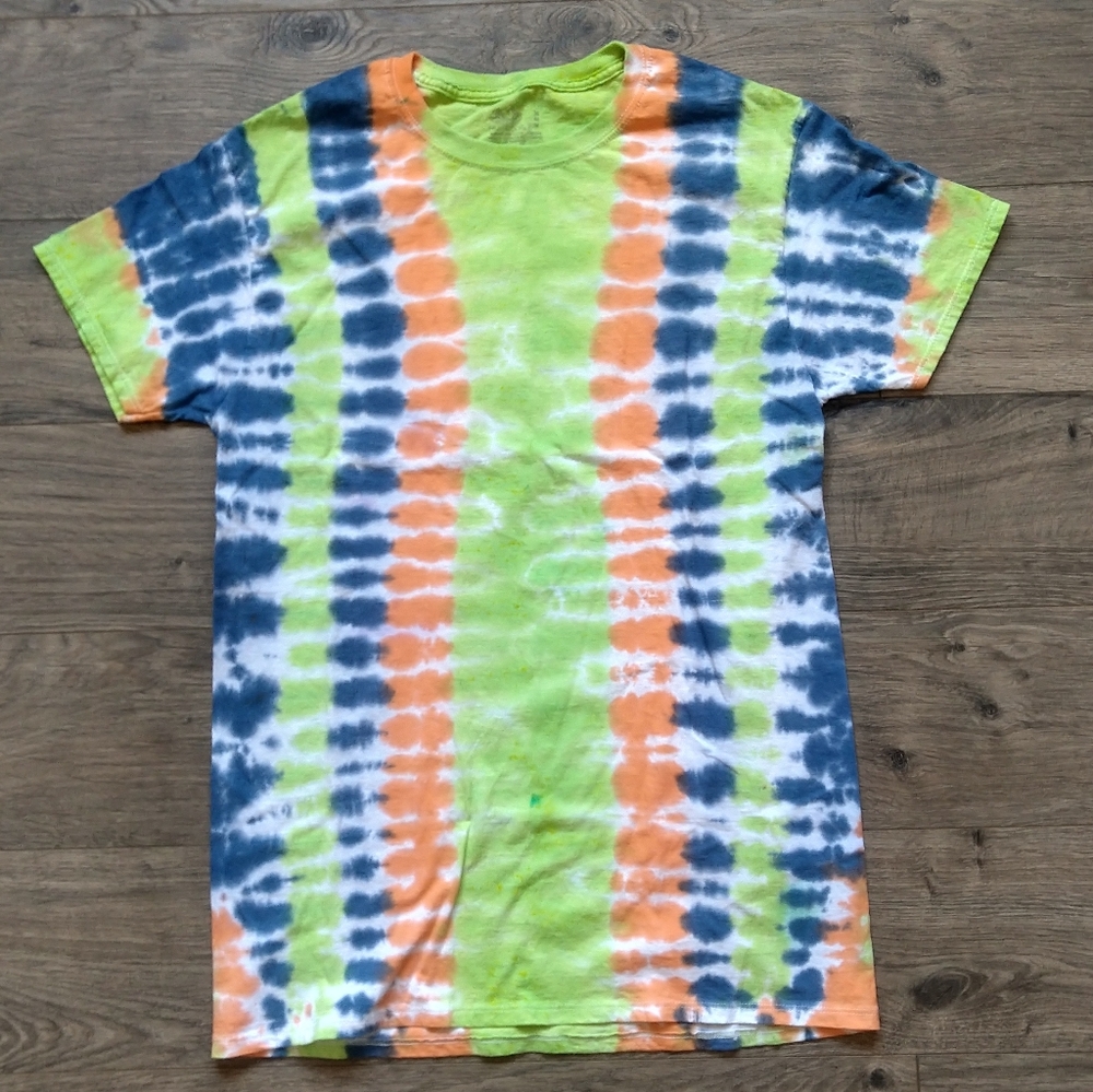 Custom made blue, green, and orange tie-dye tee